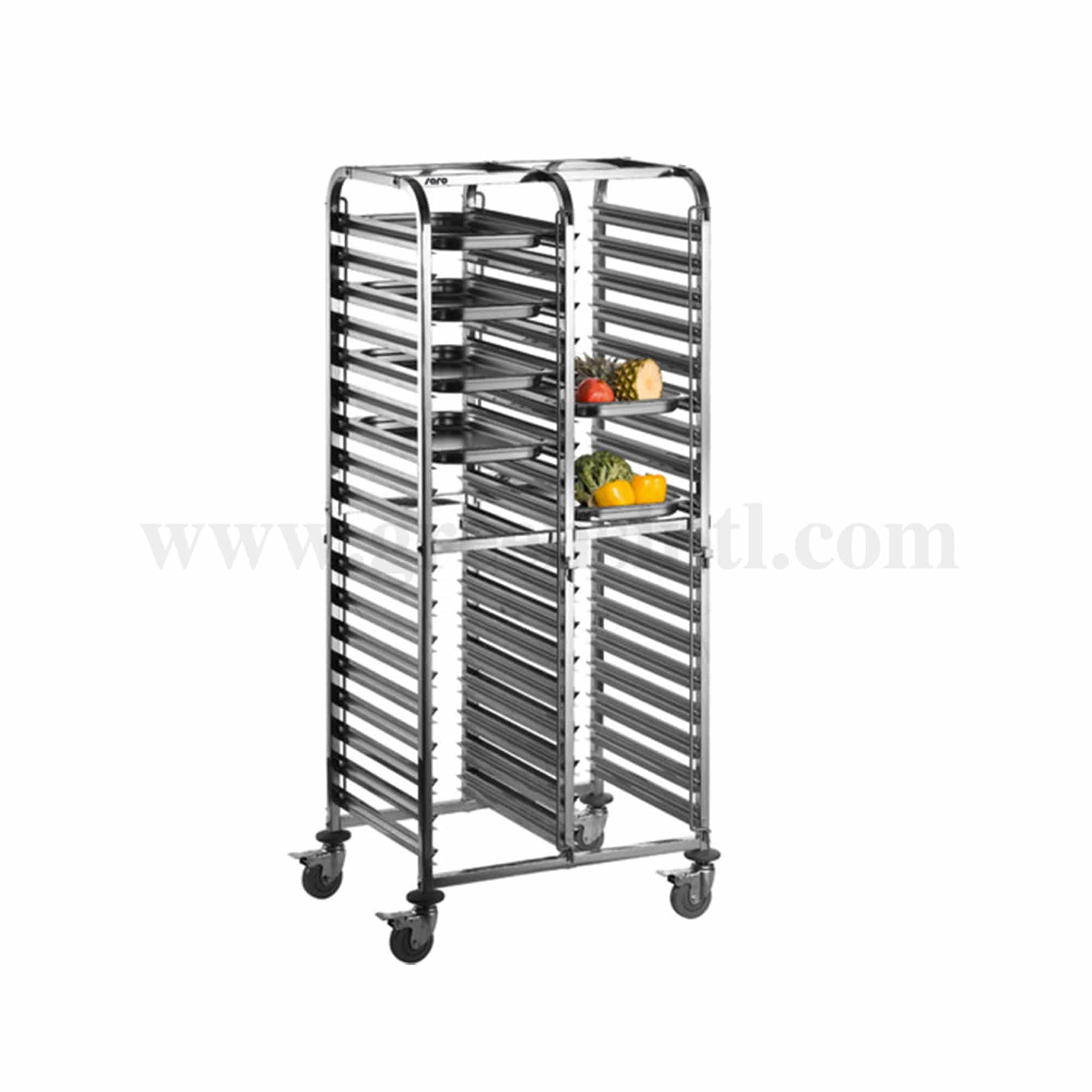 GREENS CHOICE Stainless Steel Double Tray Trolley with Wheels 18 Racks for 530x325mm Trays-Grade 304