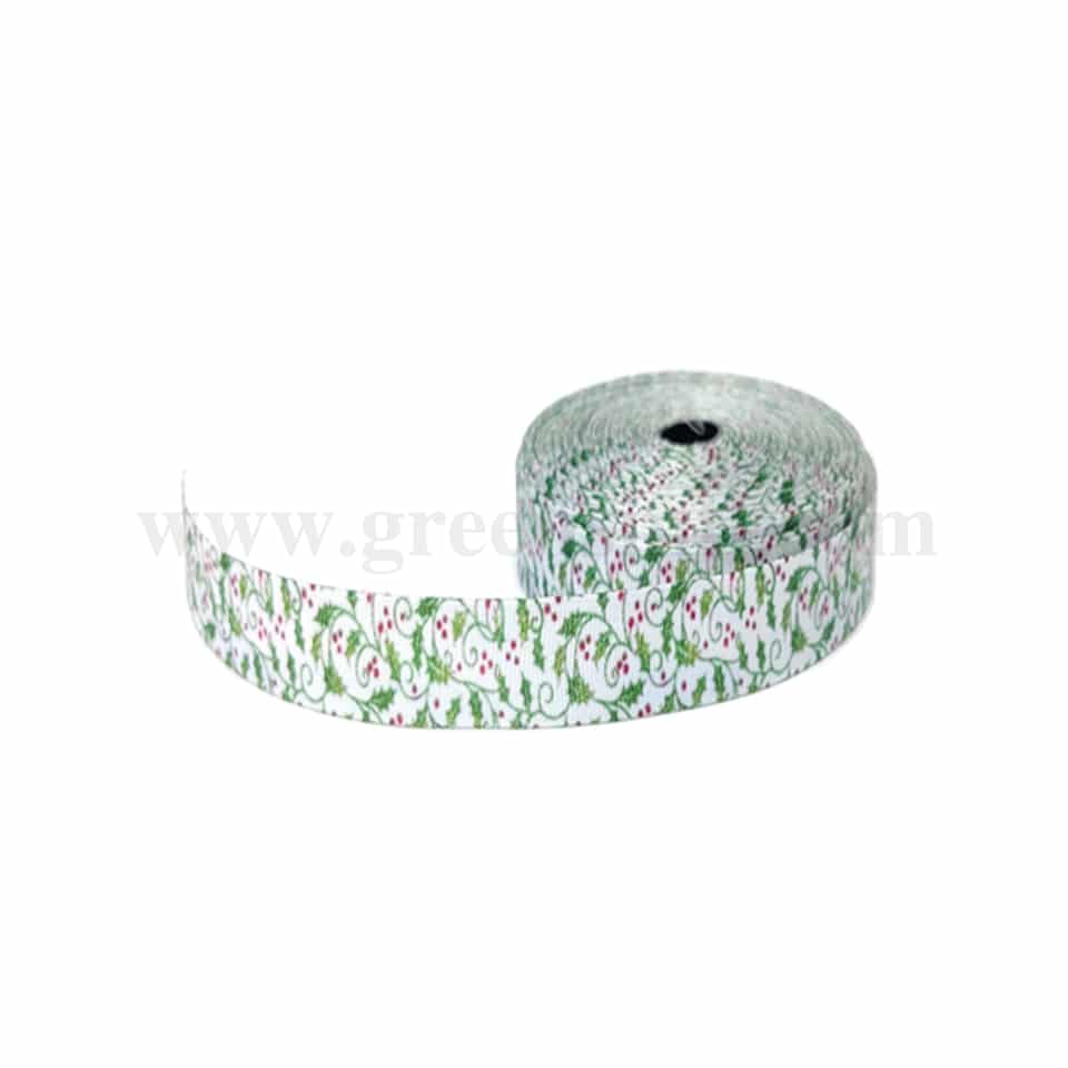 GREENS CHOICE White Ribbon with Green Holly Leaves 30mx15 mm