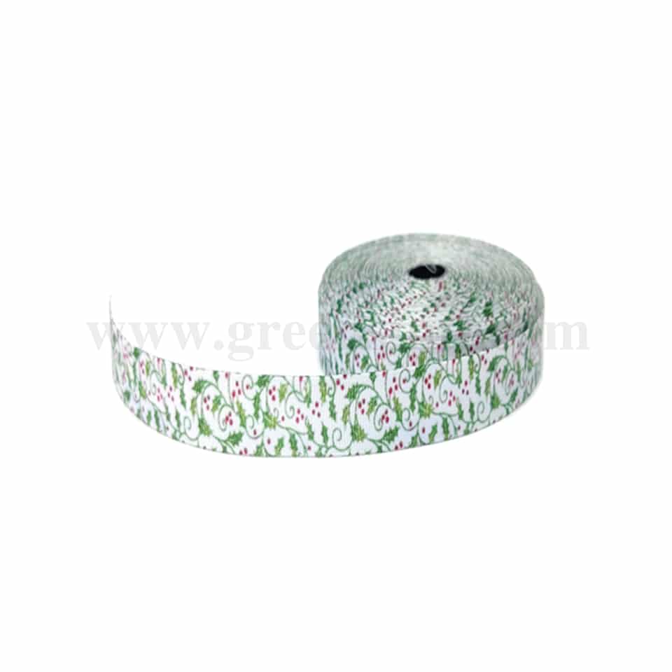 GREENS CHOICE White Ribbon with Green Holly Leaves 30mx25 mm