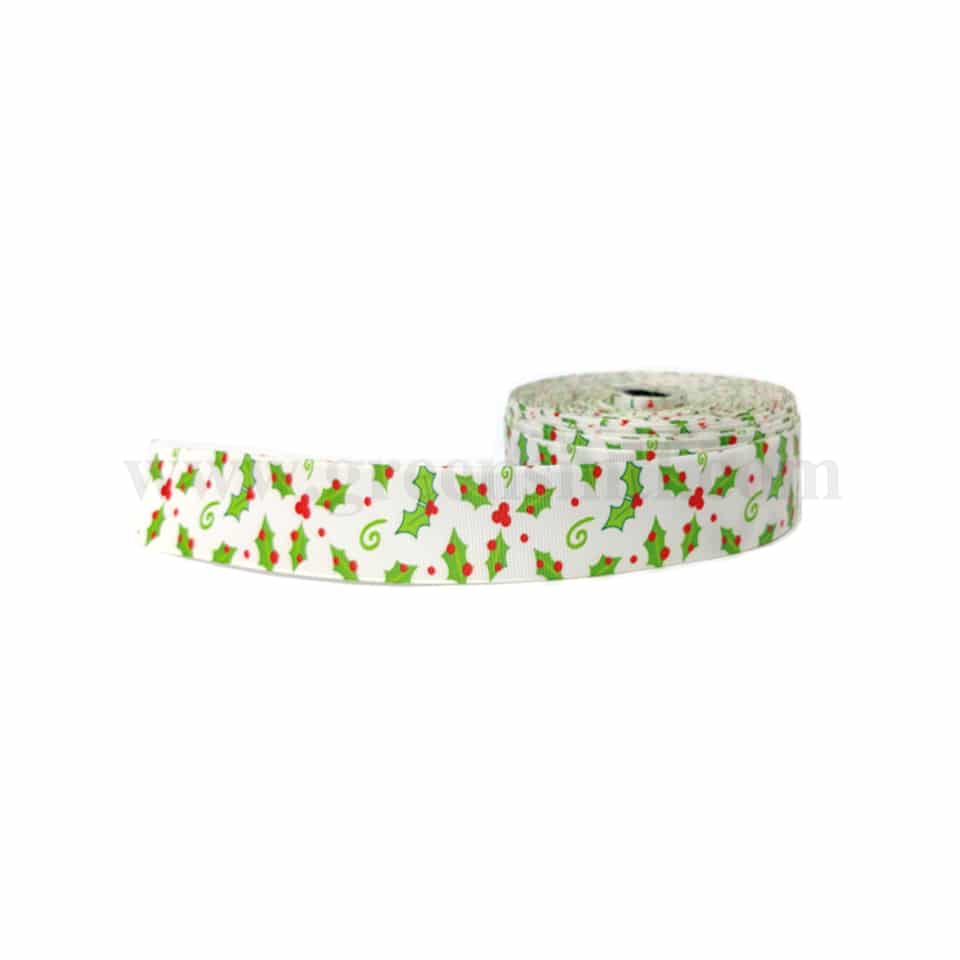 GREENS CHOICE White Ribbon-Green Holly Leaves with Red Berries 30mx25 mm
