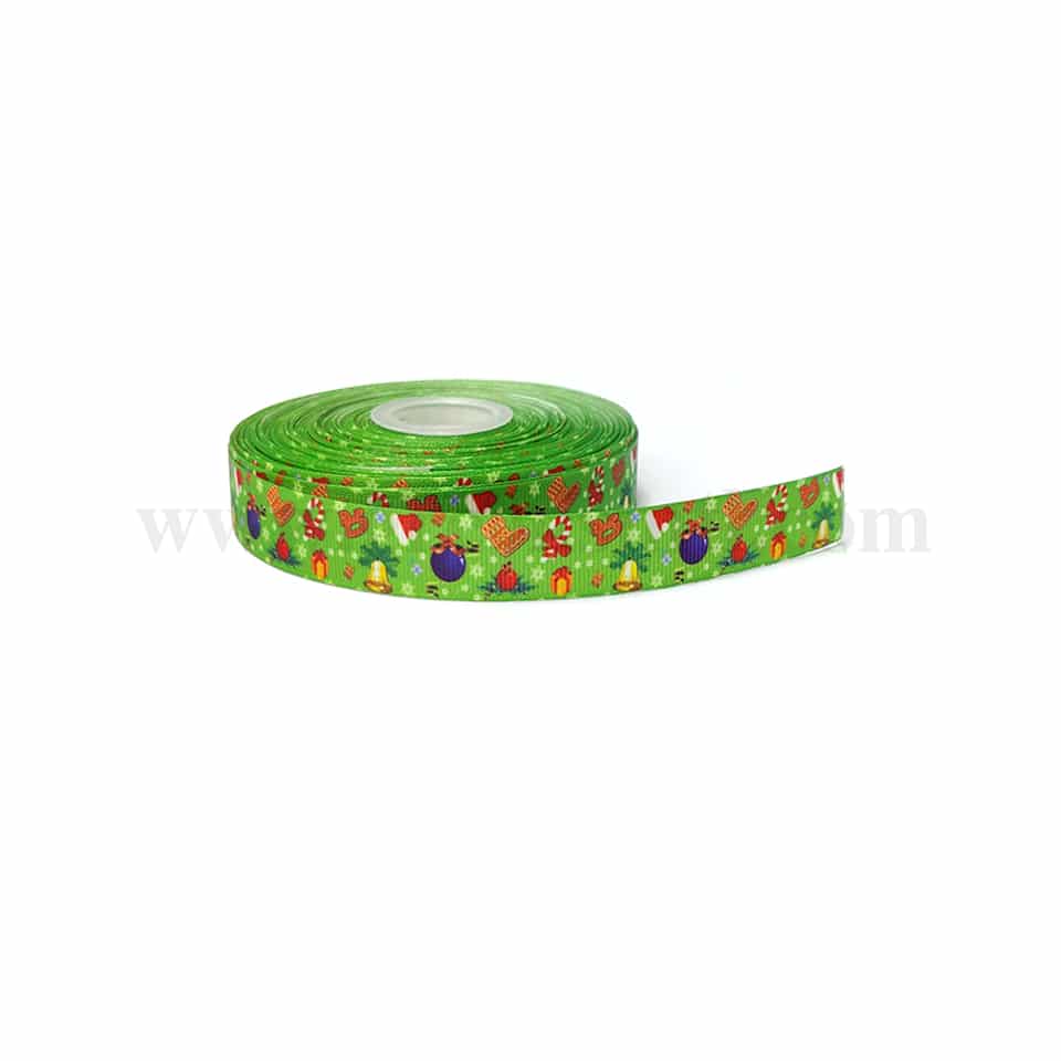 GREENS CHOICE Green Ribbon with Snowflakes,Bell,Hat and Socks 15 mmx30 m