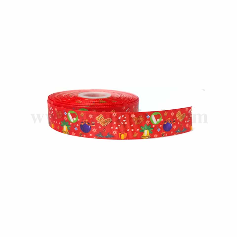 GREENS CHOICE Red Ribbon with Bell,Cane,Snowflakes and Socks 25mmx 30 m