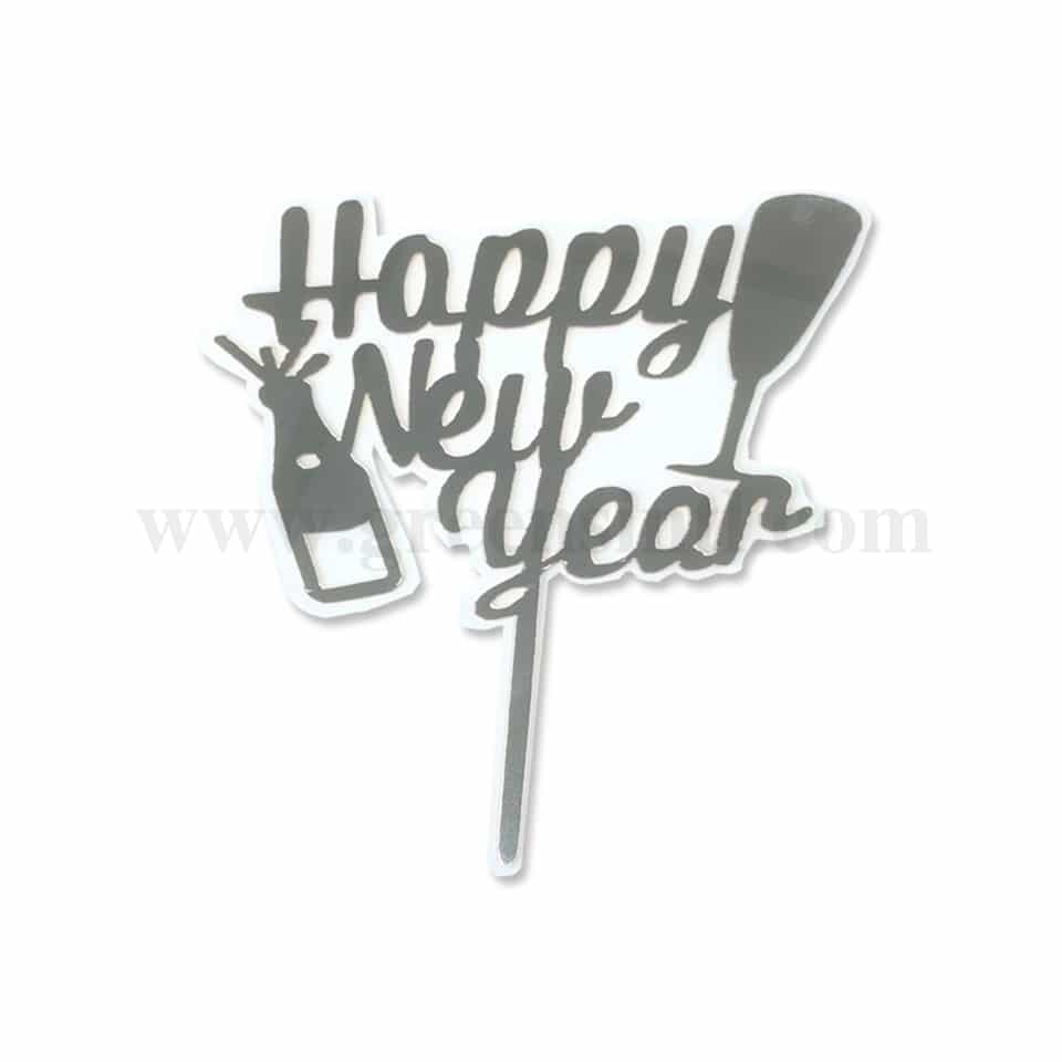 GREENS CHOICE Cake Topper- Happy New Year with Champagne Bottle Acrylic Silver 150x120 mm