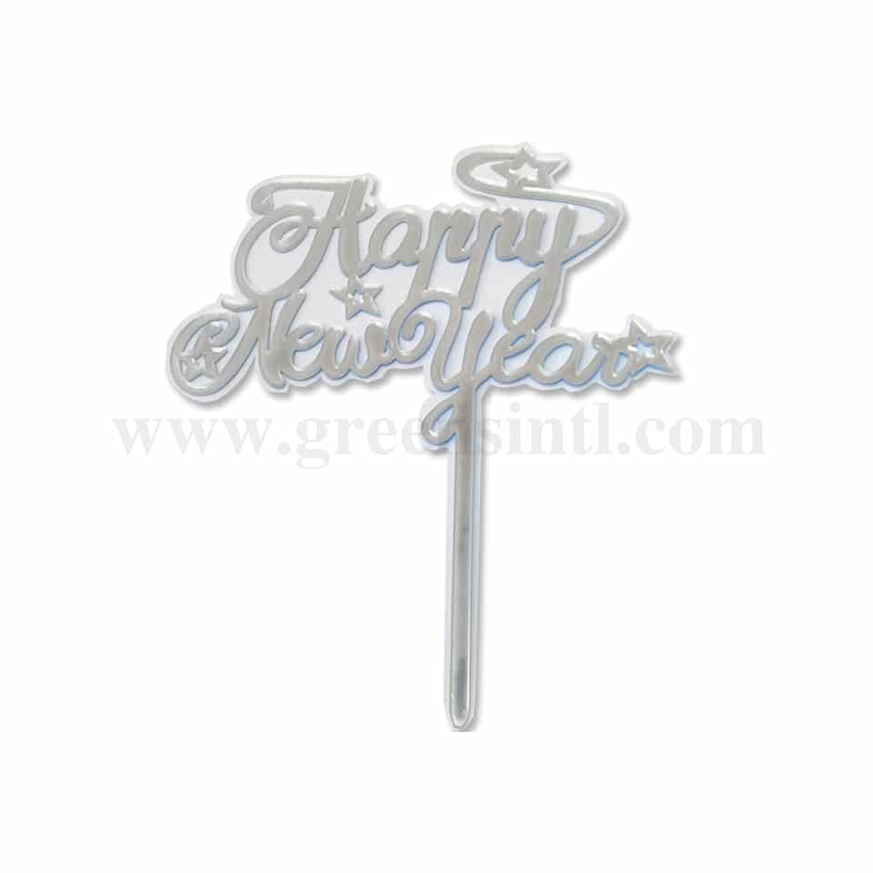 GREENS CHOICE Cake Topper- Happy New Year Acrylic Silver 100x150 mm