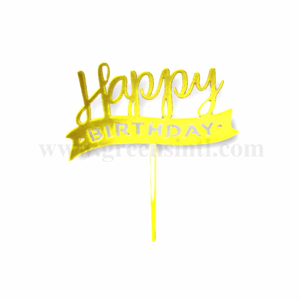 GREENS CHOICE Acrylic Happy Birthday Cake Pick Topper Gold 115x145mm