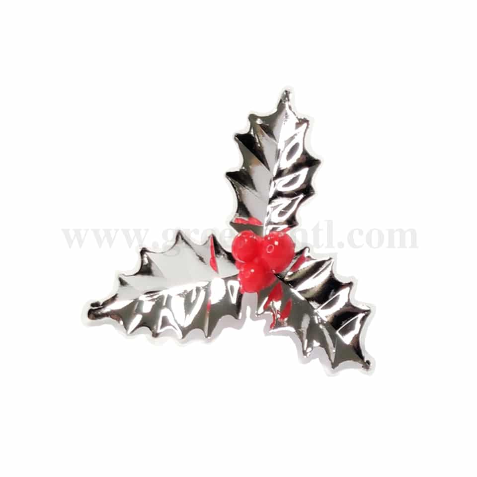 GREENS CHOICE Cake Topper- Silver Holly Leaves With Berries-5 Pcs