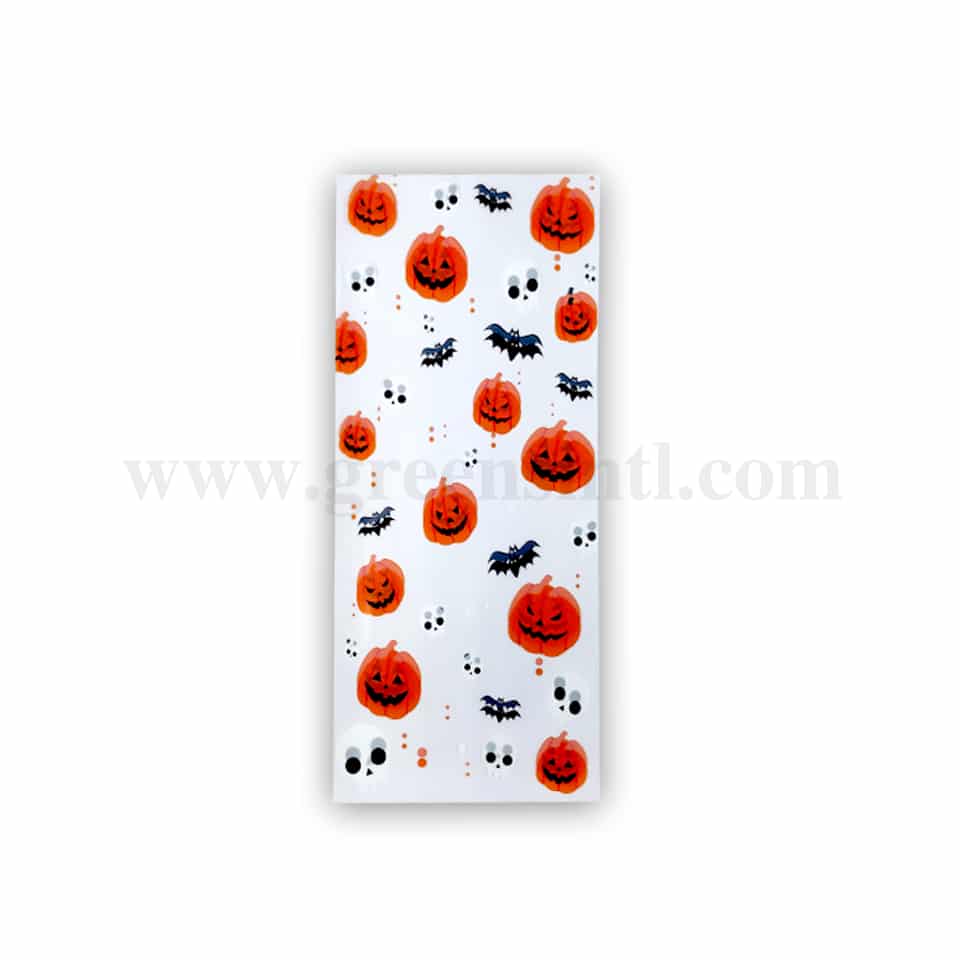 GREENS CHOICE Cookie Bag Halloween Transparent with Pumpkin Skull and Bats 125x270mm-100 Pcs