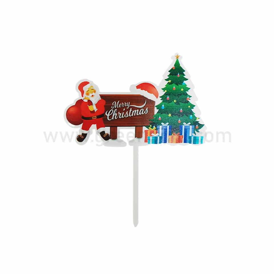 GREENS CHOICE Christmas Cake Topper Merry Christmas with Santa Tree and Gifts 75x115 mm
