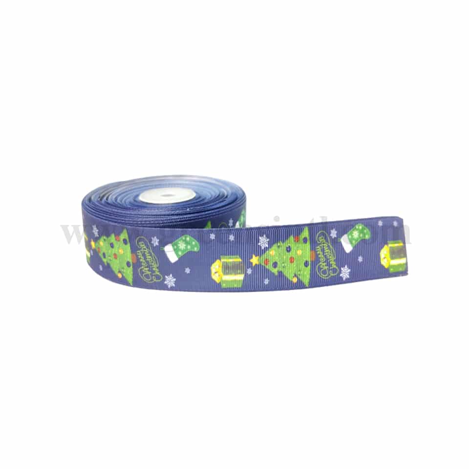 GREENS CHOICE Blue Christmas Ribbon with Trees 30 m x 25 mm