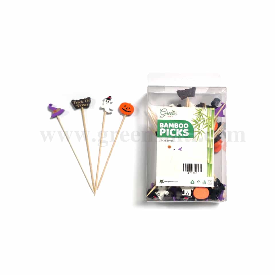 GREENS CHOICE Bamboo Fruit Picks Halloween Theme Assorted 120 mm-50 Pcs