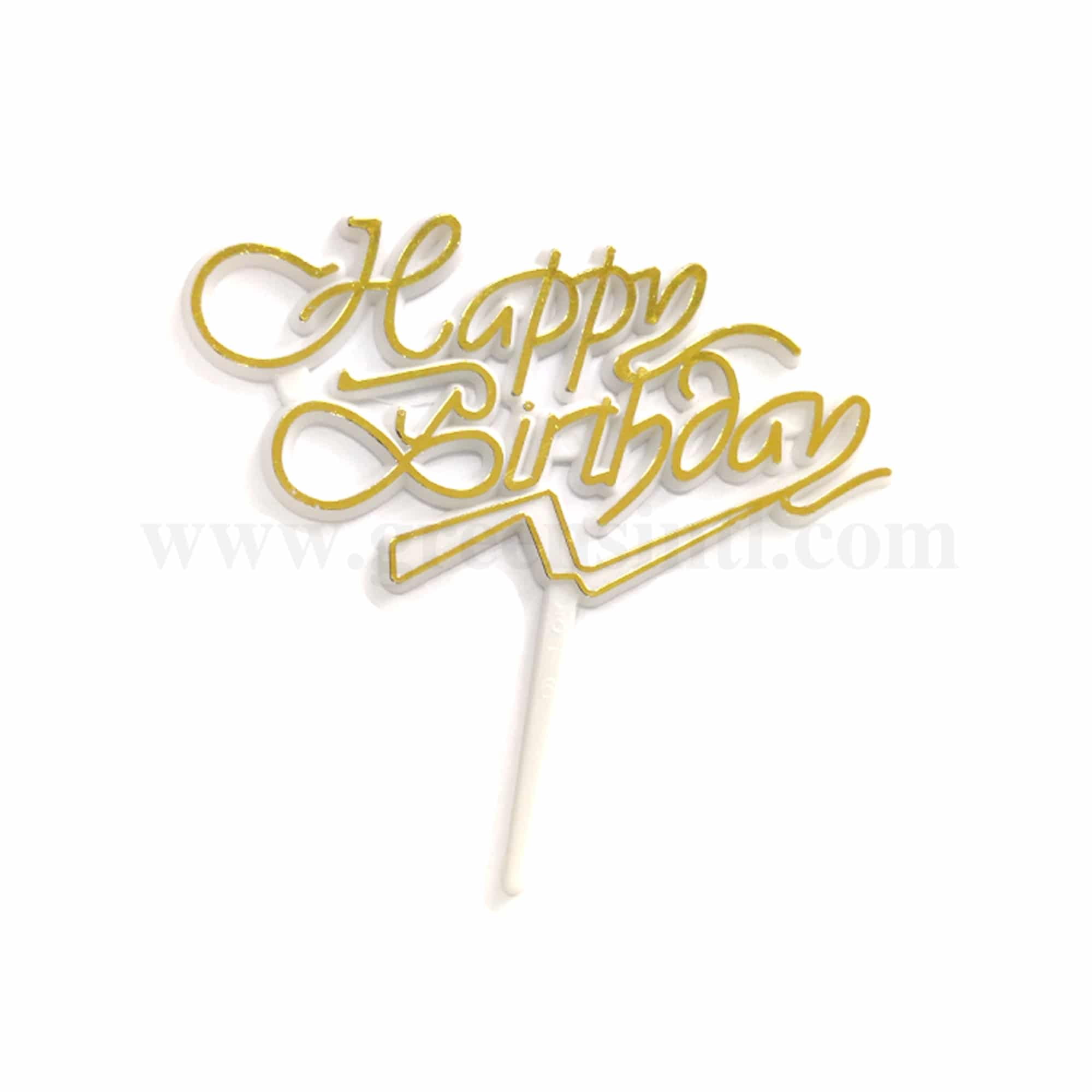 GREENS CHOICE Plastic Happy Birthday Cake Pick Topper Gold 80 x 40 mm-100 Pcs