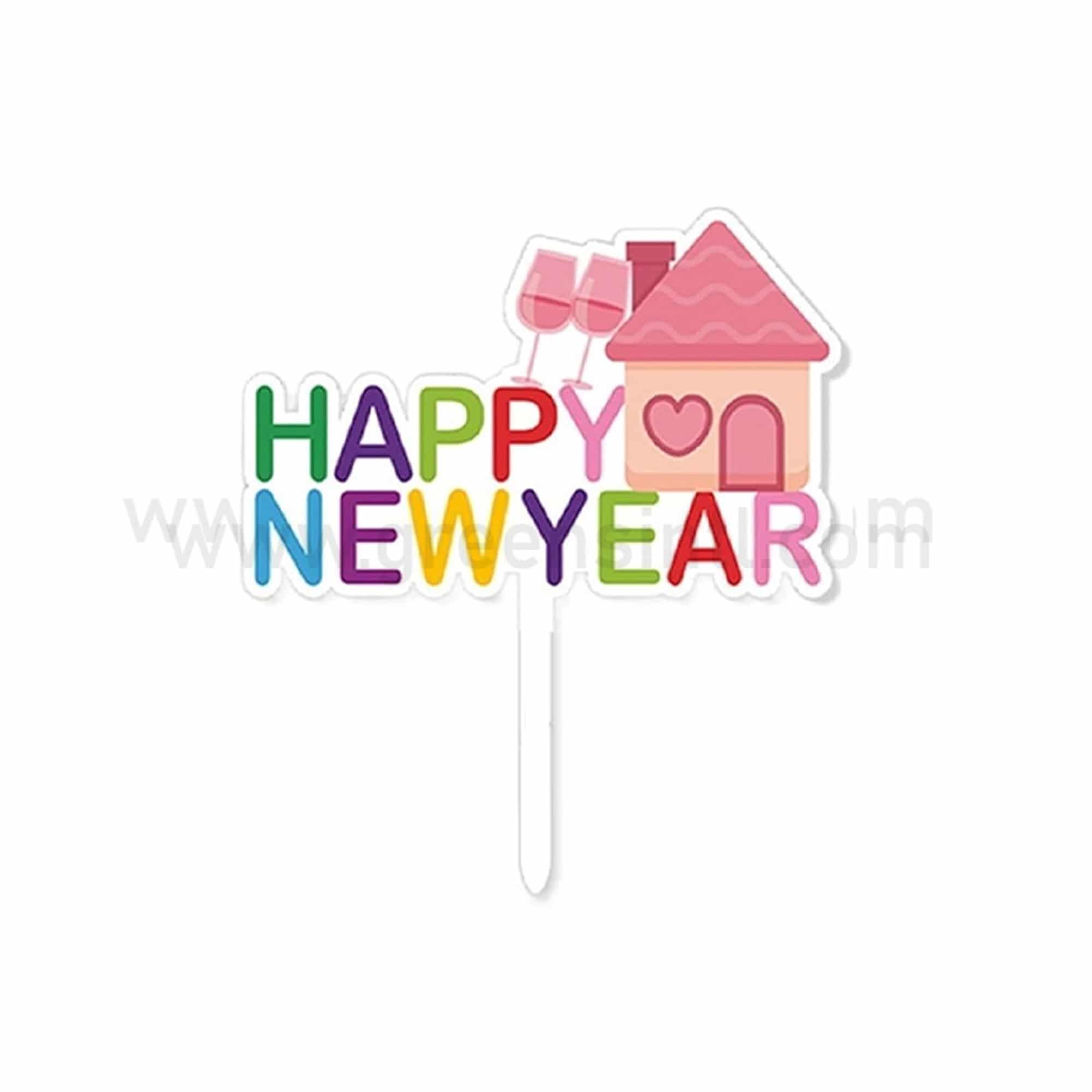 GREENS CHOICE Cake Topper Happy New Year with Hut and Glasses 75x110mm