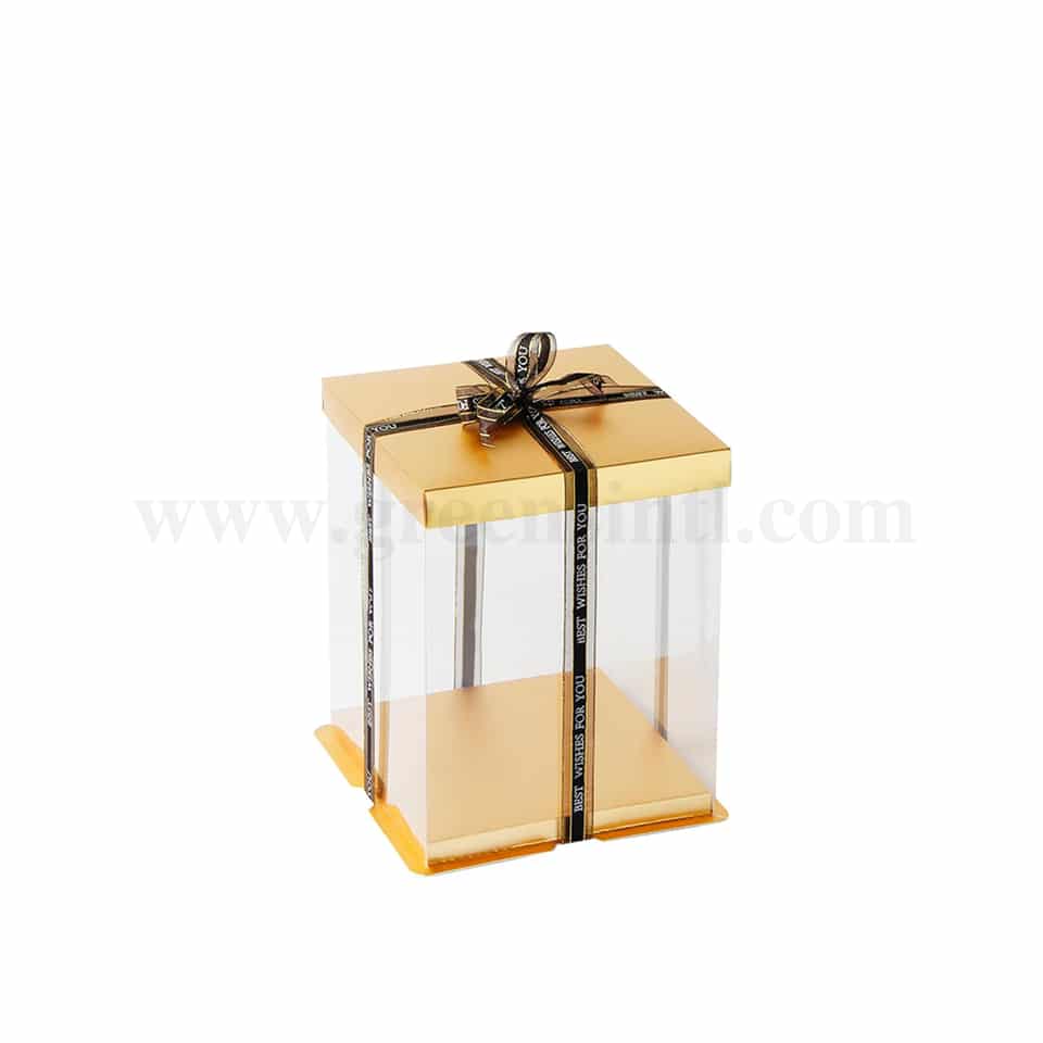 GREENS CHOICE Plastic Foldable Cake Box Square Gold 21.5 x 21.5 x H 24 cm